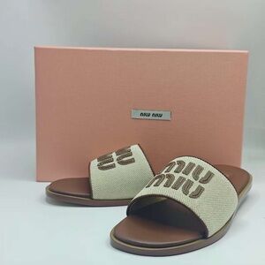Miu Miu Cream and Brown Logo Slide Sandals